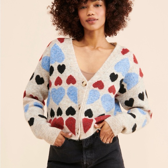 Anthropologie Sweaters - Anthropologie Free The Roses Cropped Cardigan Sweater Red Blue Hearts M